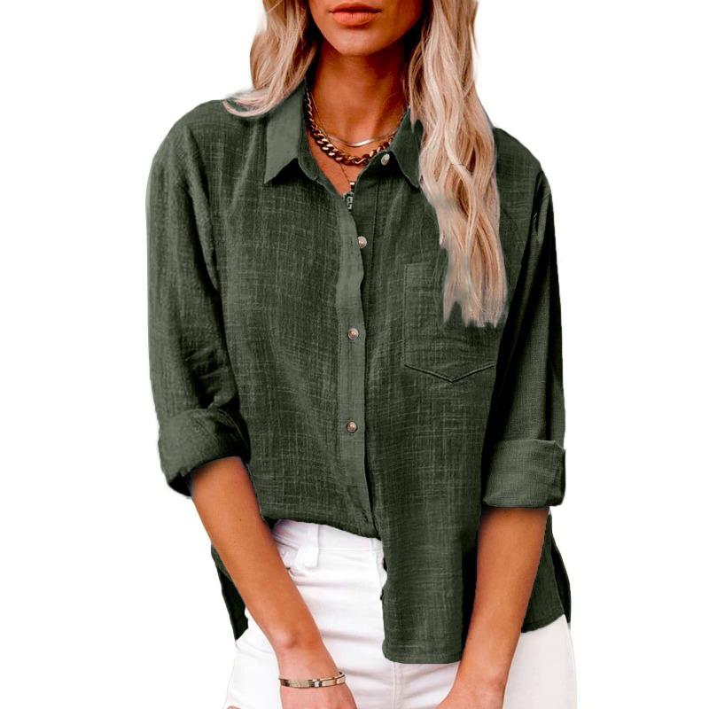 Damen Herbst Baumwolle Leinen Hemd Umlegekragen Langarm Tasche Schlitz Knopf Einfarbig Locker Hemd Lässig Große Größe Oberteile 5XL armee grüne