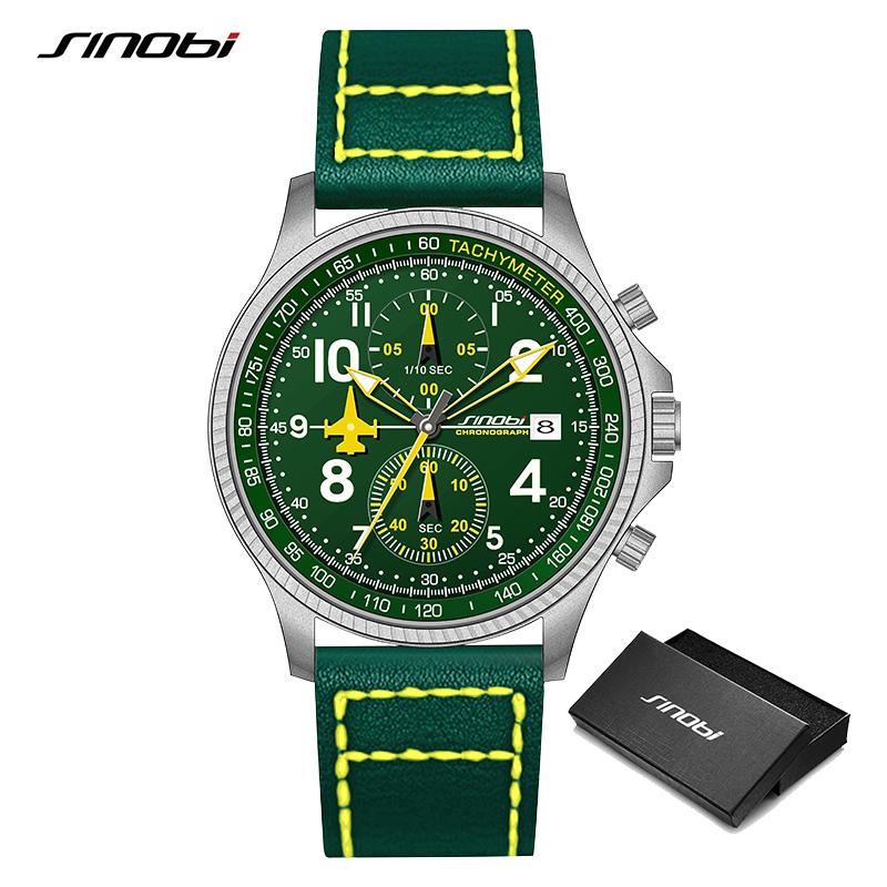 Neu SINOBI Kreatives Design Flugzeug Chronograph Herrenuhren Original Genf Kalender Mann Quarz Armbanduhren Top Sport Uhr grün