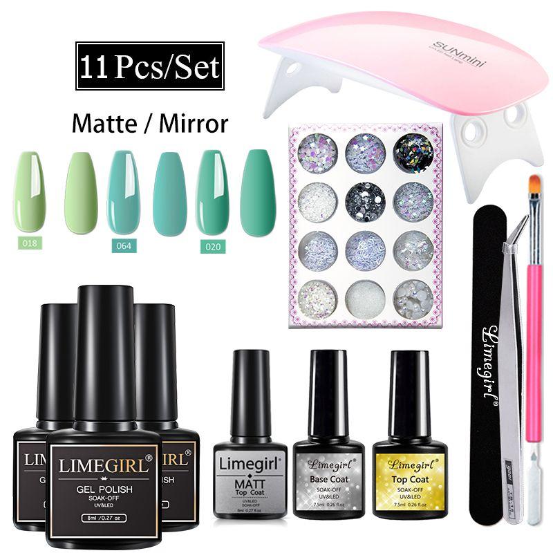 Nagel-Set, UV-LED-Lampe, Trockner mit 11-teiligem Nagel-Gel-Nagellack-Set, Soak Off, Maniküre-Werkzeug, Glitzer, DIY-Charm-Zubehör, Kunst-Werkzeug-Sets