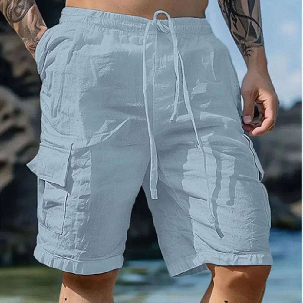 Sommer Herren Locker Baumwolle Leinen Cargo Shorts mit Taschen Beach Streetwear Sportliche Freizeitshorts Laufkurze Hose XXXL hellblaue