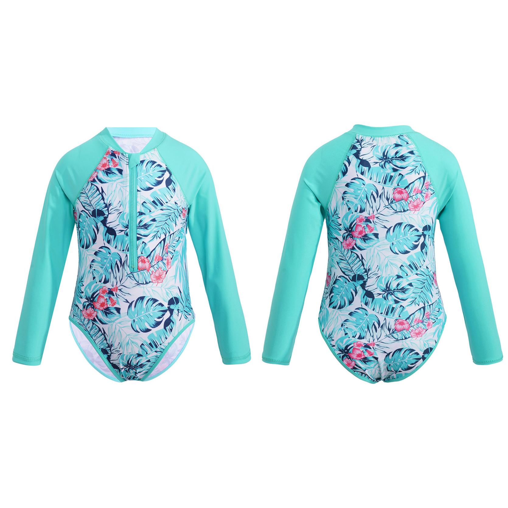 Kinder Mädchen Badeanzug Langarm Palmen Gedruckt Reißverschluss Bademode Badeanzug Rash Guard Body Strand Tragen 12-14 Years minze, grüne