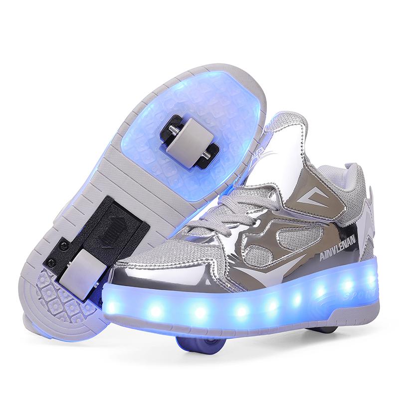 TUINANLE Kinder-Rollschuhe mit LED-Licht, leuchtend leuchtende Skate-Sneaker mit Rollen 30 silber