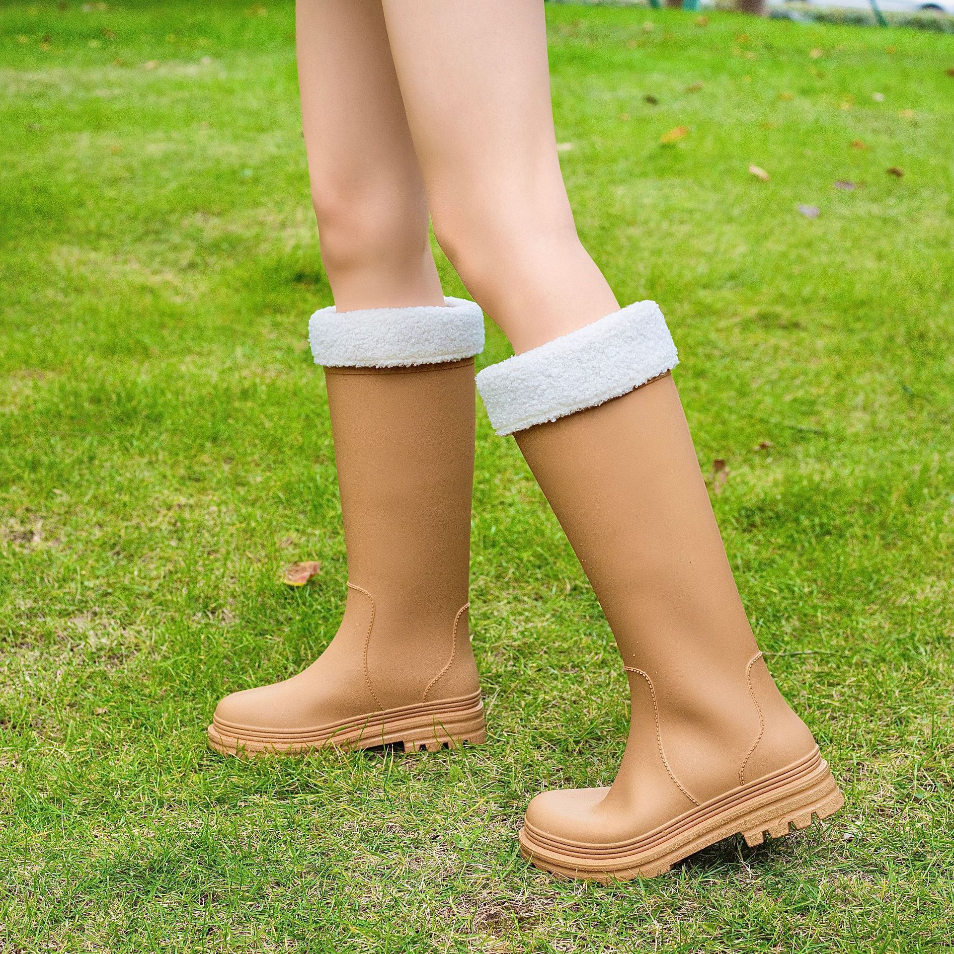 Dicke Regenstiefel Damen Regenstiefel Erwachsene Modische Outdoor-Bekleidung Wasserdicht Rutschfest Verschleißfest Lange Stiefel 41-42 braun/weiß