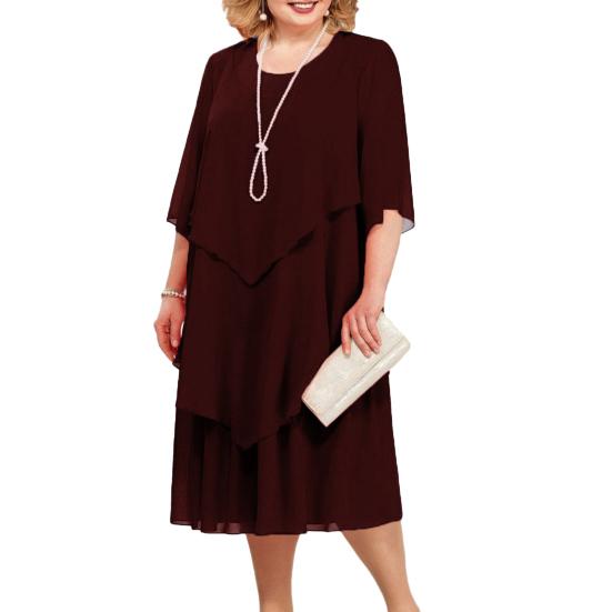 Midikleid mit Rundhalsausschnitt, Halbarm, mehrlagigem Saum, fließendes Party-Hochzeitskleid für Gäste 4XL wein rot