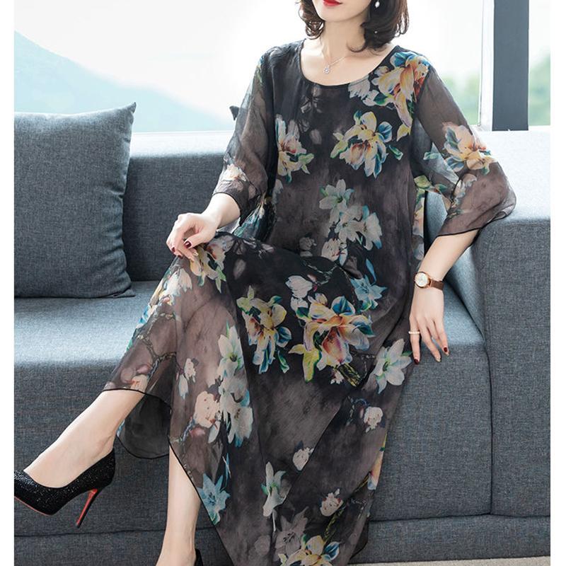 Bedruckter Rock für Damen, lockeres Kleid mit Rundhalsausschnitt, verdeckter Bauch, dünnes Kleid in großen Größen, langer bedruckter Rock, leichter und atmungsaktiver Stoff XL
