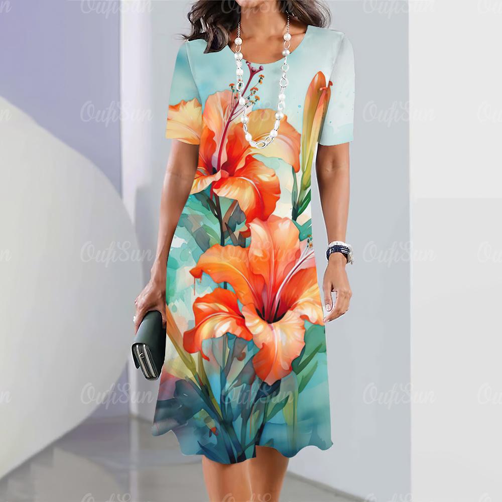 Damenkleider Blumendruck Sommer Luxus Midi-Kleider Damen Kurzarmkleid Mode Übergroße Kleidung 5XL