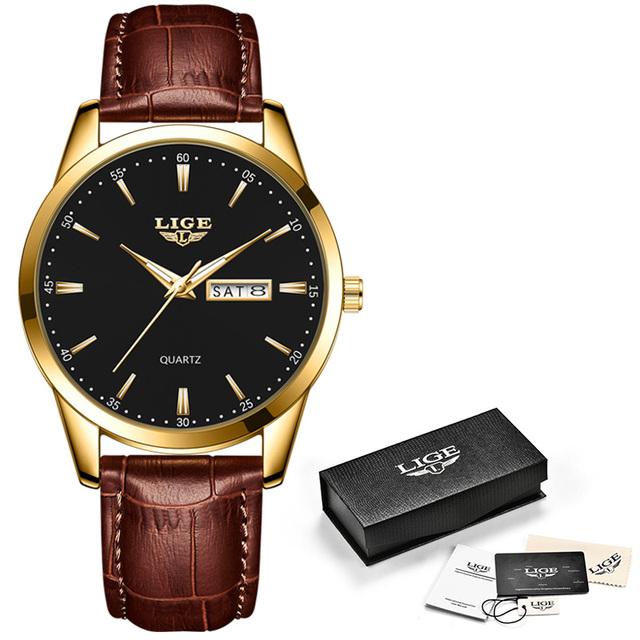 LIGE Top Marke Uhr Männer Leder Business Datum Uhr Wasserdicht Leuchtende Uhren Herren Luxus Sport Wasserdichte Quarz Armbanduhr schwarz/gold