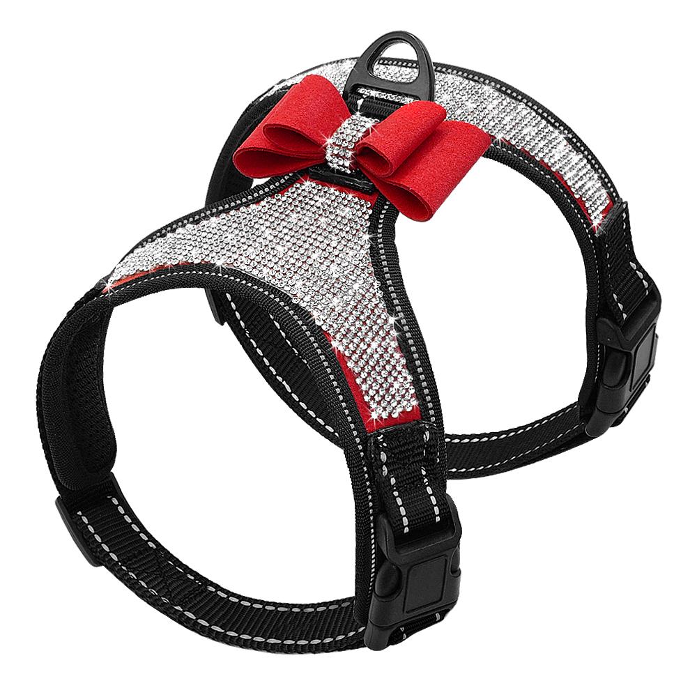 Reflektierendes Hundegeschirr aus Nylon, für Pitbull, Mops, kleine mittelgroße Hunde, Weste, glitzernde Strass-Bowknot, Hundezubehör, Heimtierbedarf S rot