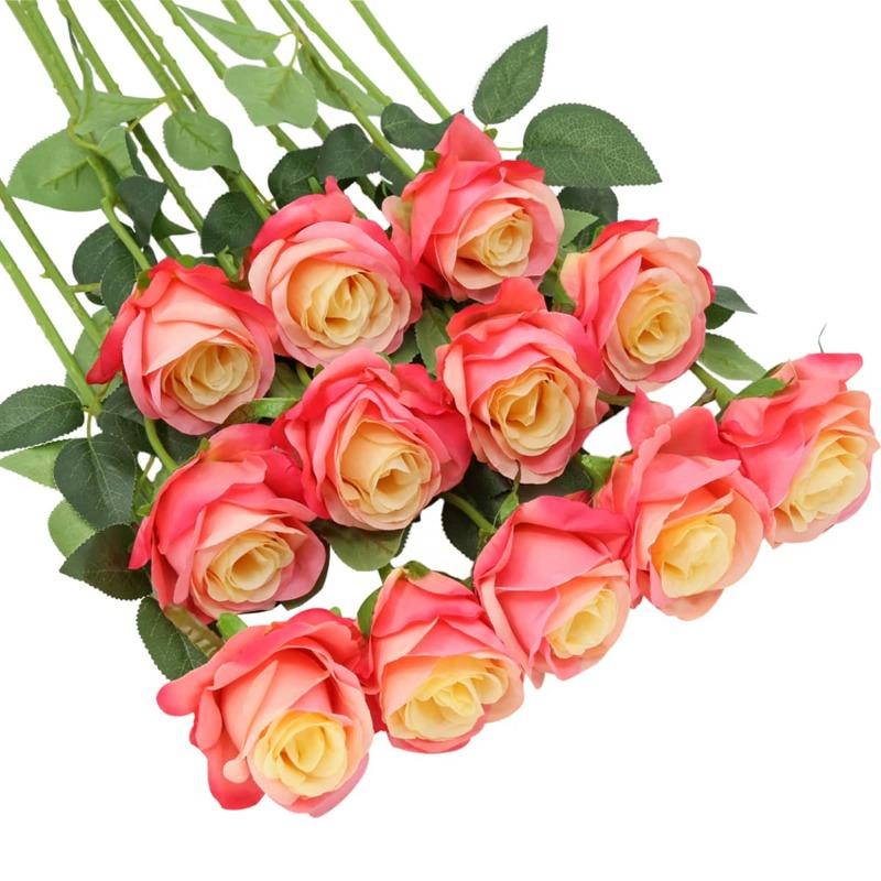 12 Stück große künstliche Seidenrosen, künstliche Blumen mit langem Stiel, künstliche Rosen, lebensechte Blumen für Hochzeit, Zuhause, Party, Tischdekoration heißes rosa