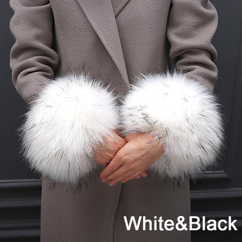 Damen-Armband, winddicht, elegant, Winter-Plüsch-Armband, Kunstfuchs-Pelz-Manschette, Oversleeve, warmes Armband für Arme weiß/schwarz