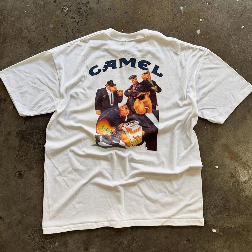 Retro Auto Camel Zigaretten T-Shirt Vintage Baumwolle Oberteile T-Shirts Kurzarm Lässig Streetwear Übergroß Damenbekleidung Harajuku XL weiß