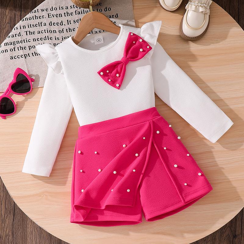 Mädchen Outfit Kinderkleidung 2025 Herbst Winter Mode Mädchen Schleife Langarm Oberteil + Perlenbesetzter Rock Shorts Zweiteiliges Set 7Y rose rot
