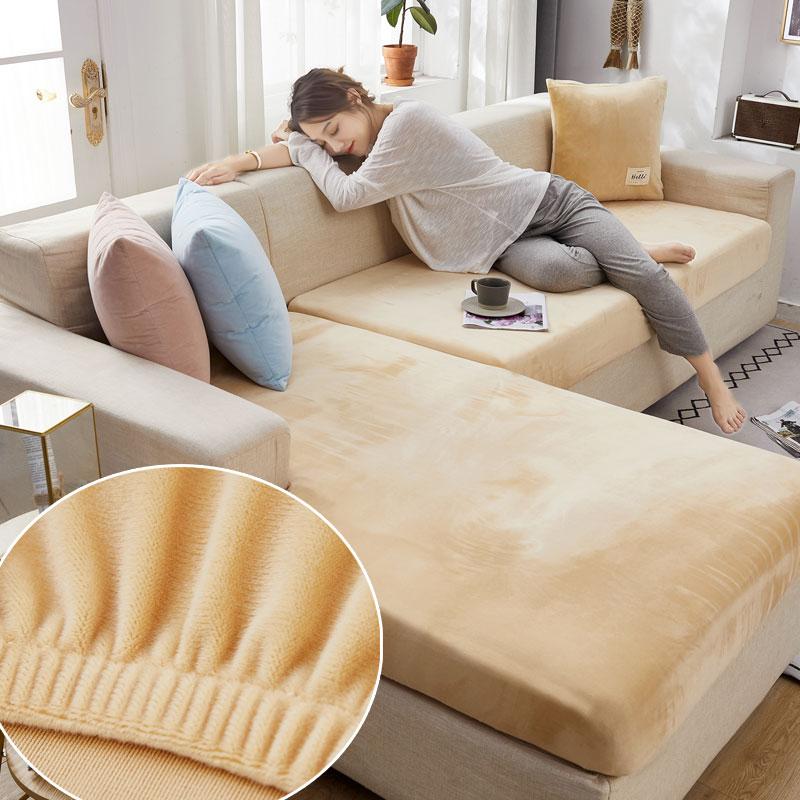 Samt-Sofa-Sitzbezug, dicker Jacquard, solide, weiche Stretch-Sofa-Schonbezüge, Möbelschutz enlarge size-4 beige