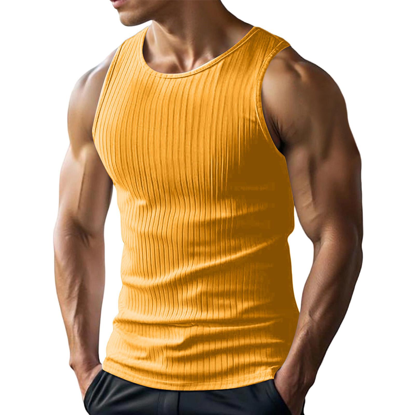 Herren Rippstrick Tanktop Ärmellos Rundhalsausschnitt Eng Anliegend Sportliches Unterhemd Weicher Dehnbarer Strickstoff Lässiges Basic-Westen M gelb