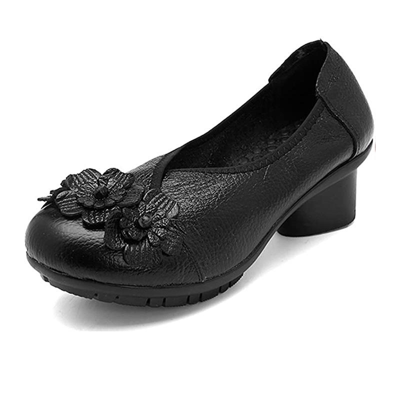 Handgemachte Damenschuhe aus echtem Leder mit niedrigen Absätzen, Damen-Runway-Schuhe, Damen-Blumen-Retro-Pumps, Größe 42, Damen, kleiner Druckabsatzschuh CN 42 schwarz