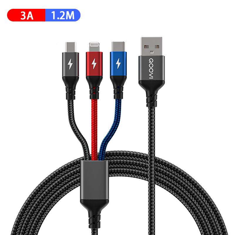 QOOVI 3-in-1 Micro-USB-Typ-C-Schnellladekabel, mehrere USB-Anschlüsse, mehrere USB-Ladekabel, USB-C-Handykabel für iPhone 11, 12, Xiaomi, Samsung S10 1.2M schwarz