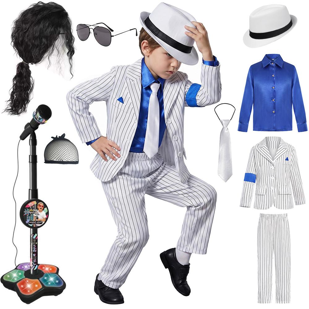 Halloween Karneval Jungen Jackson Kostüm Tänzer Sänger Moonwalk Bühnenoutfits 80er Pop Rock Superstar Verkleidung Weiß gestreifter Anzug XXL (10-12T) gray