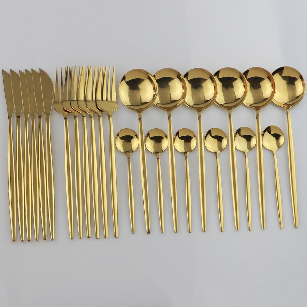 24-teiliges Goldgeschirr-Set aus Edelstahl, Messer, Gabel, Löffel, Besteck-Set, spülmaschinenfest, Besteck-Set gold