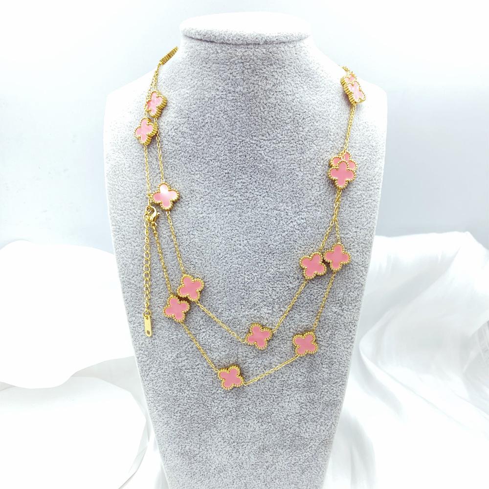 90CM Titan Stahl Kleeblatt Halskette Mode Temperament Natur Premium Gefühl Pullover Kette Luxus Damen Blume Halskette rosa