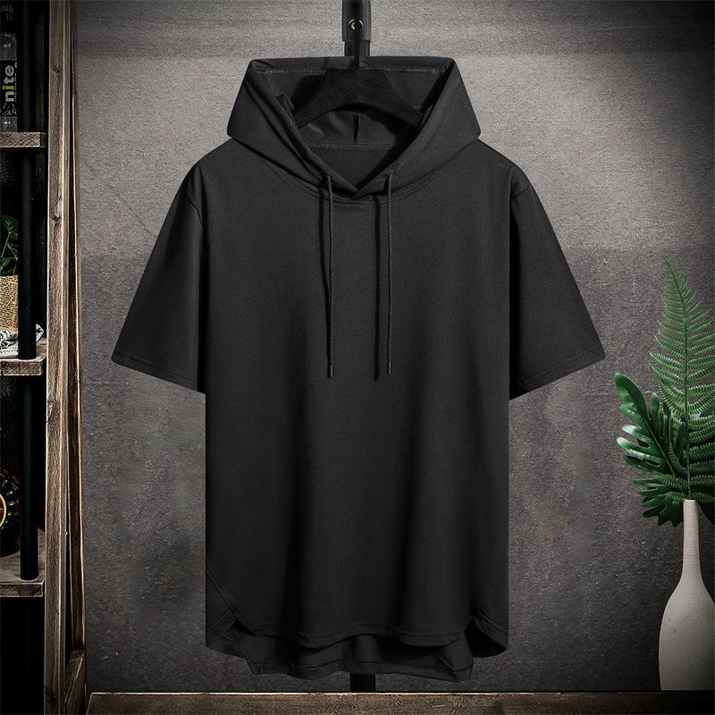 Herren Sommer Große Größe Atmungsaktives Kapuzen-T-Shirt Kühles und bequemes Kurzarm-Oberteil Große Größe Lose Kapuzen-Oberteile XXXXL schwarz