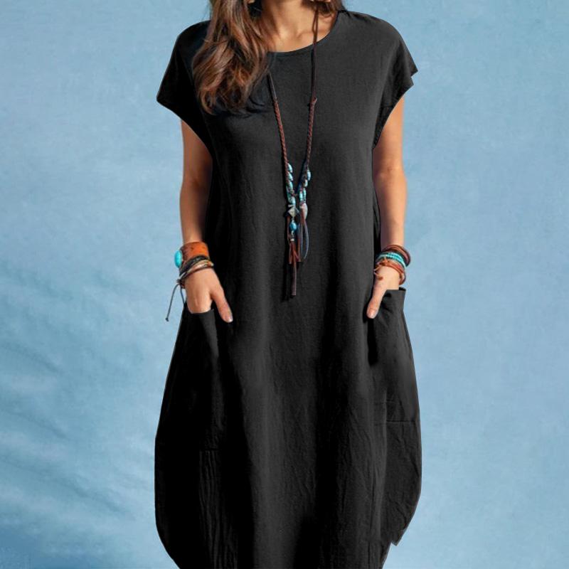 ZANZEA Damen-Kleid mit O-Ausschnitt und kurzen Ärmeln, einfarbig, lockeres Sommer-beiläufiges kurzes Kleid 4XL schwarz