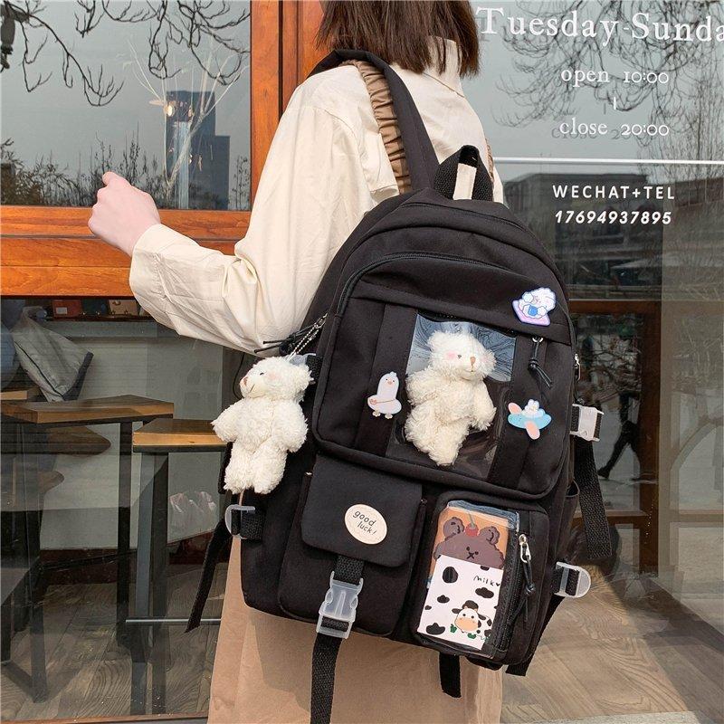Japanischer High-School-Rucksack für Mädchen, Schultaschen für Mädchen im Teenageralter, mehrere Taschen, neuer Kawaii-Rucksack für Frauen, Harajuku, süßer Mochila With bear doll violett
