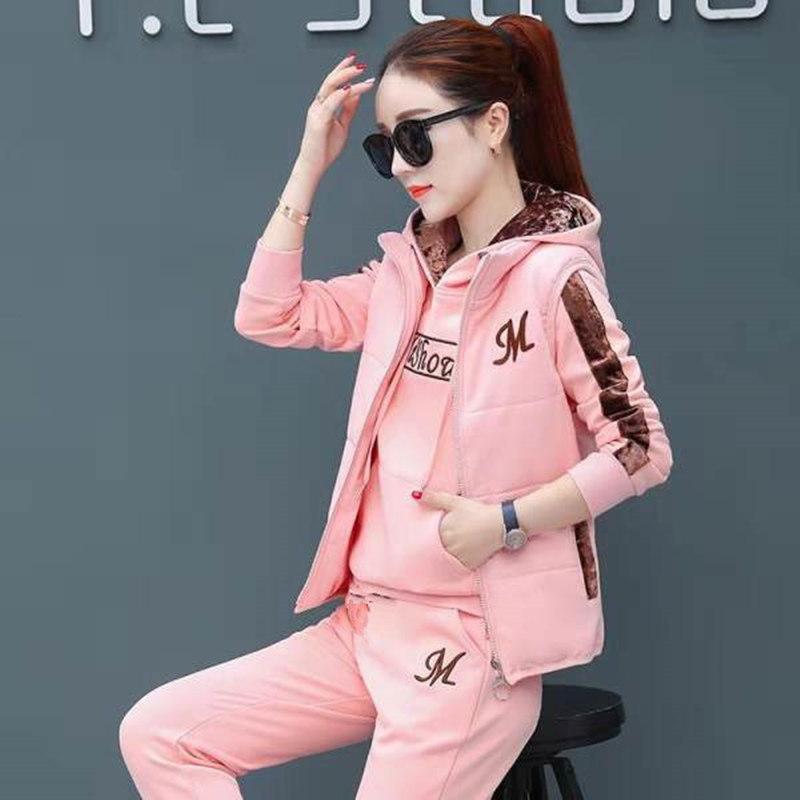 3 Teile/satz Patchwork Farbe Frauen Trainingsanzug Elastische Taille Mode Brief Drucken Frauen Hoodie Jogging Hosen Zipper Weste Anzug 3XL rosa