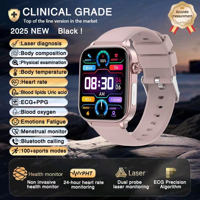 2025 Neue EKG+PPG KI Gesundheitsdiagnose Smartwatch Herren Damen Uhr Blutfett BD Harnsäure Herzfrequenz Tracker Pink silicone belt