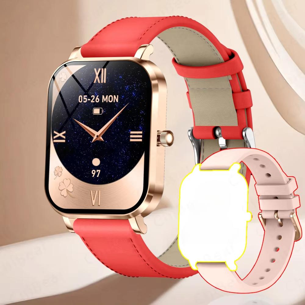 2025 Neue Mode Damen Smartwatch AMOLED HD Bildschirm Herzfrequenz Blutsauerstoffüberwachung BT Anruf Sport Smartwatch Frau für IOS Android Leather gold