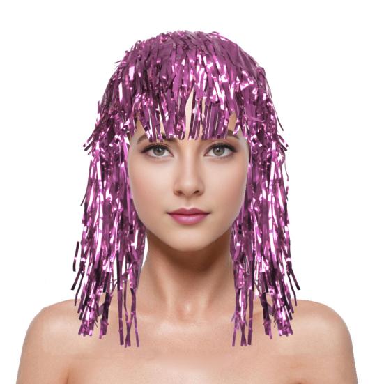Folie Lametta Perücken für Erwachsene Kostüm Party Glänzende Lametta Perücke Metallic rosa