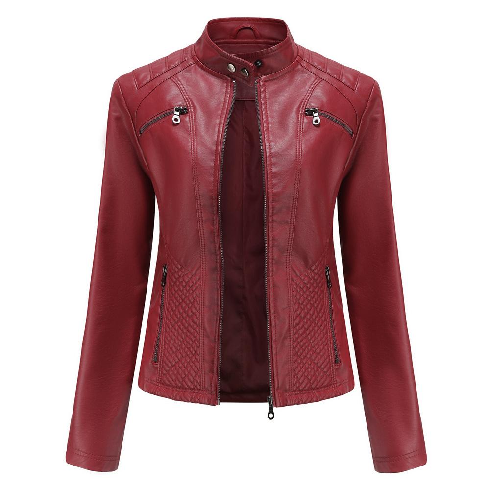 Frühling Herbst Frauen Casual Leder Mantel Stehkragen Slim Fit Mantel Einfarbig Frauen Leder Jacke M wein rot