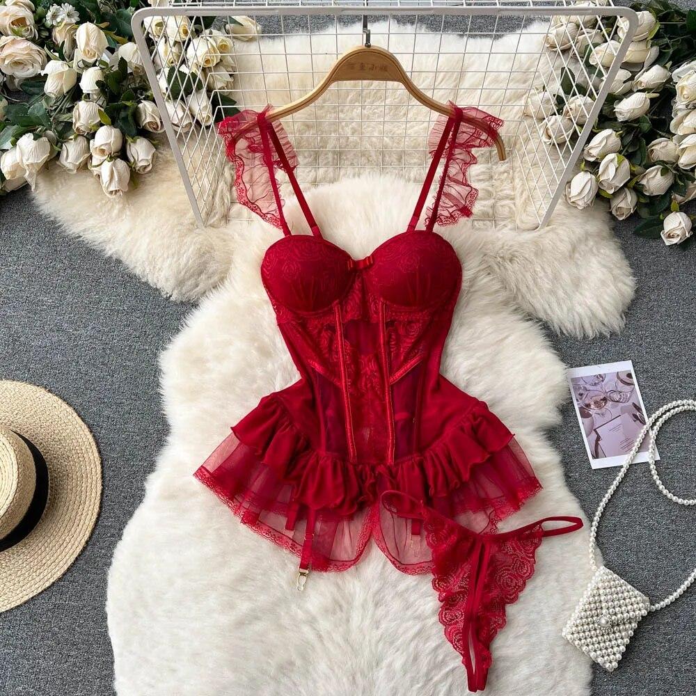 Spitze Sexy Unterwäsche Anzüge Frauen Transparent Liebsten Camis Bh $ Kurze Anzüge Mode Retro Kurze Sommer Bh Sets M rot