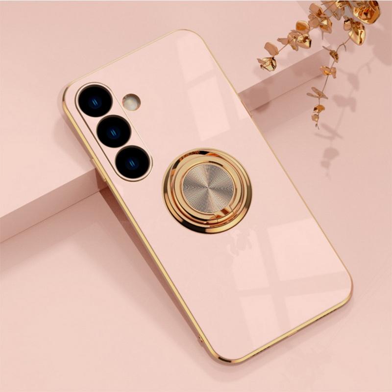 Luxuriöse, glänzende, schlanke TPU-Softphone-Hülle für Samsung S25 S24 FE S23 Ultra S22 S21 A55 A15 A54 A35 A34, Ringhalter, Ständer, stoßfeste Stoßstangenabdeckung Samsung S21 Ultra rosa