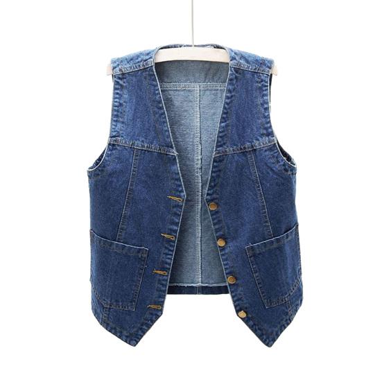 Plus Größe Frauen Vorderen Knopf Denim Weste Vintage V-ausschnitt Ärmellose Denim Weste Weibliche Herbst Oberbekleidung Strickjacke Tops 2XL dunkelblaue