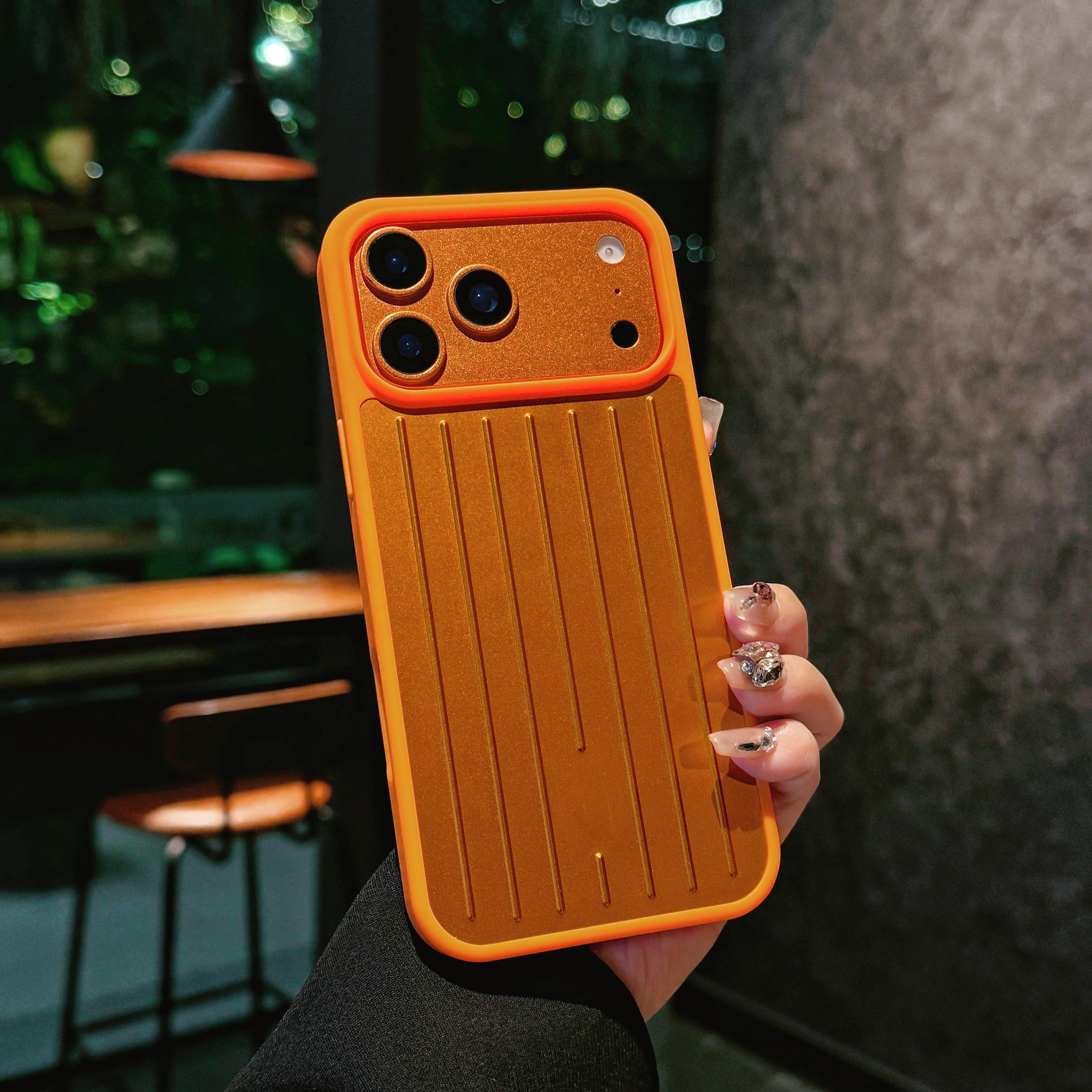 Ins Schlichtes Business 3D Wellenstreifen Stilvoll Für Rimowa Gepäck Handyhülle Für iPhone 17 Pro Max 16 15 14 13 Aluminium-Magnesium-Legierung Hartschale iPhone 14 Pro orange