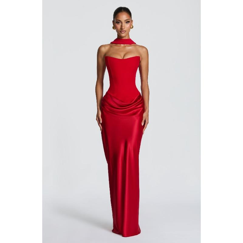 Neues Einfarbiges Taillen Sexy Schlauchoberteil Hüft Langes Kleid Kleid Satin Schnürung Streamer Kleid M rot
