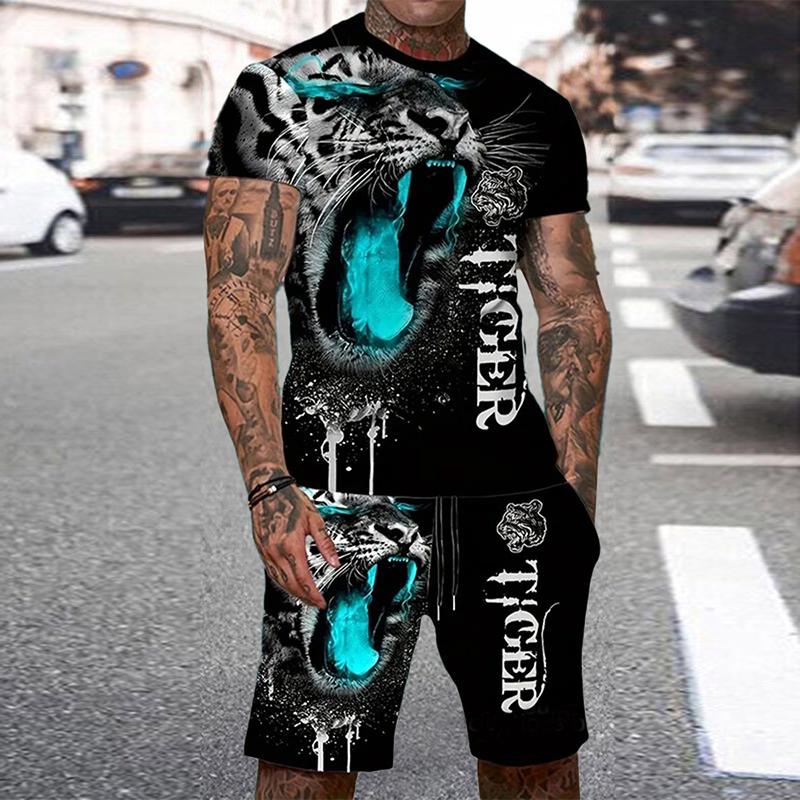 Sommer Herren O-Ausschnitt Kurzarm Shorts Set 3D Tiger Bedrucktes Casual T-Shirt Cooles personalisiertes Streetwear Set Herren Sportbekleidung M