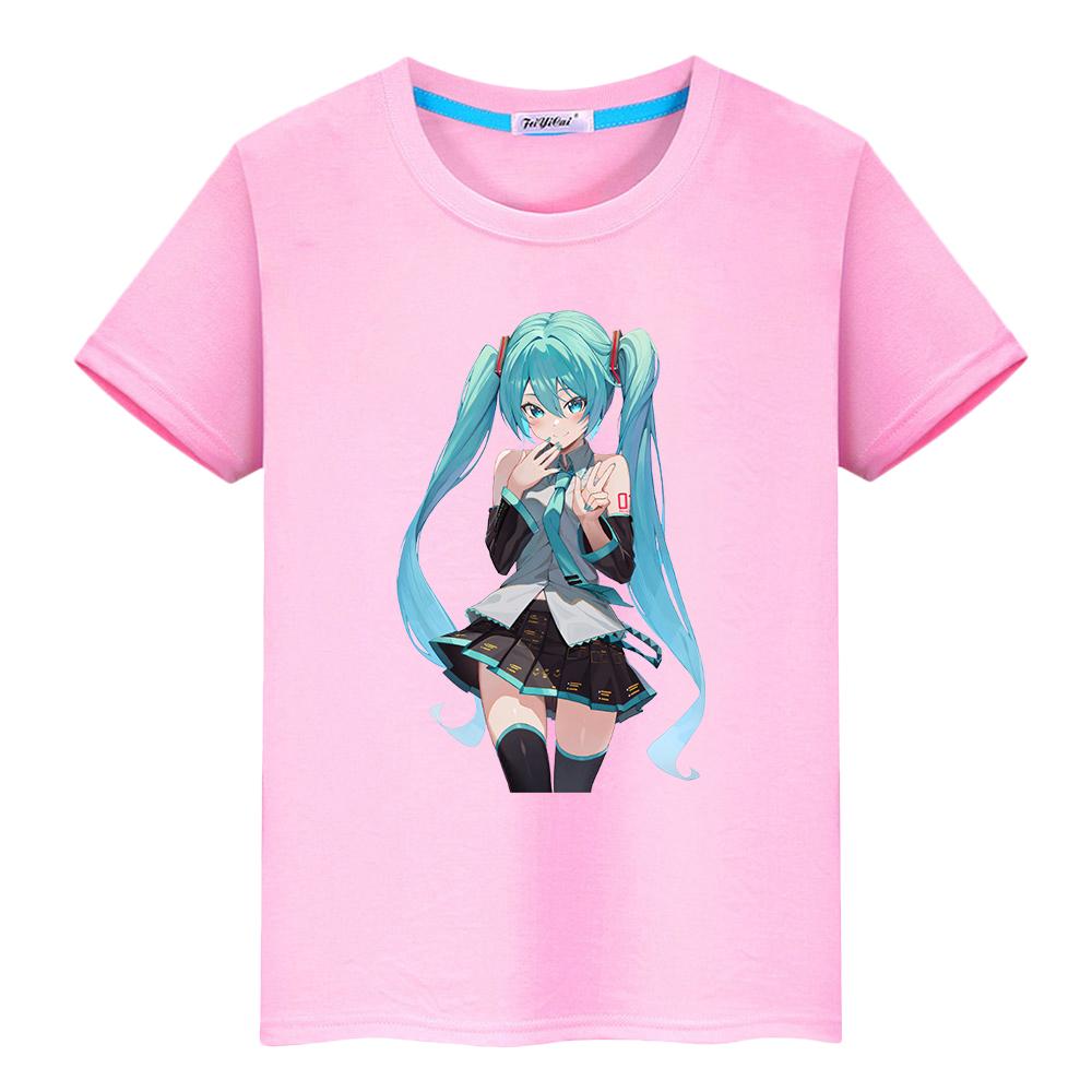 T-Shirt für Kinder Jungen 10 Jahre Hatsune Miku Druck Kawaii 100% Baumwolle Anime Kurz Stolz T-Shirt Y2K Kleinkind Mädchen Kleidung Kinderkleidung 110 rosa