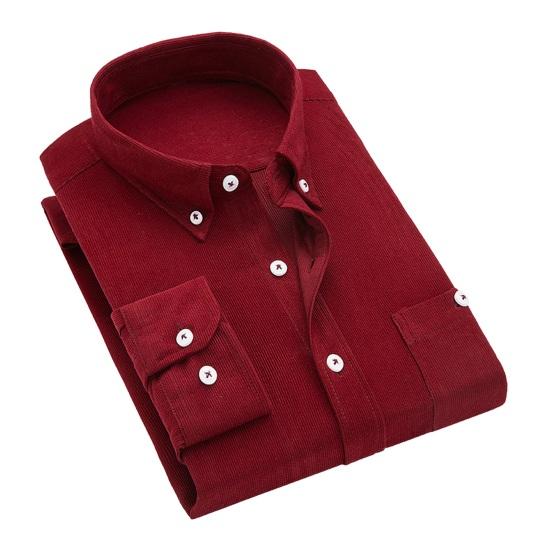 Männer Slim Fit Cord Hemd Revers Langarm Hemd Tops Einfarbig Taschen Casual Hemd Büro Arbeitskleidung L wein rot