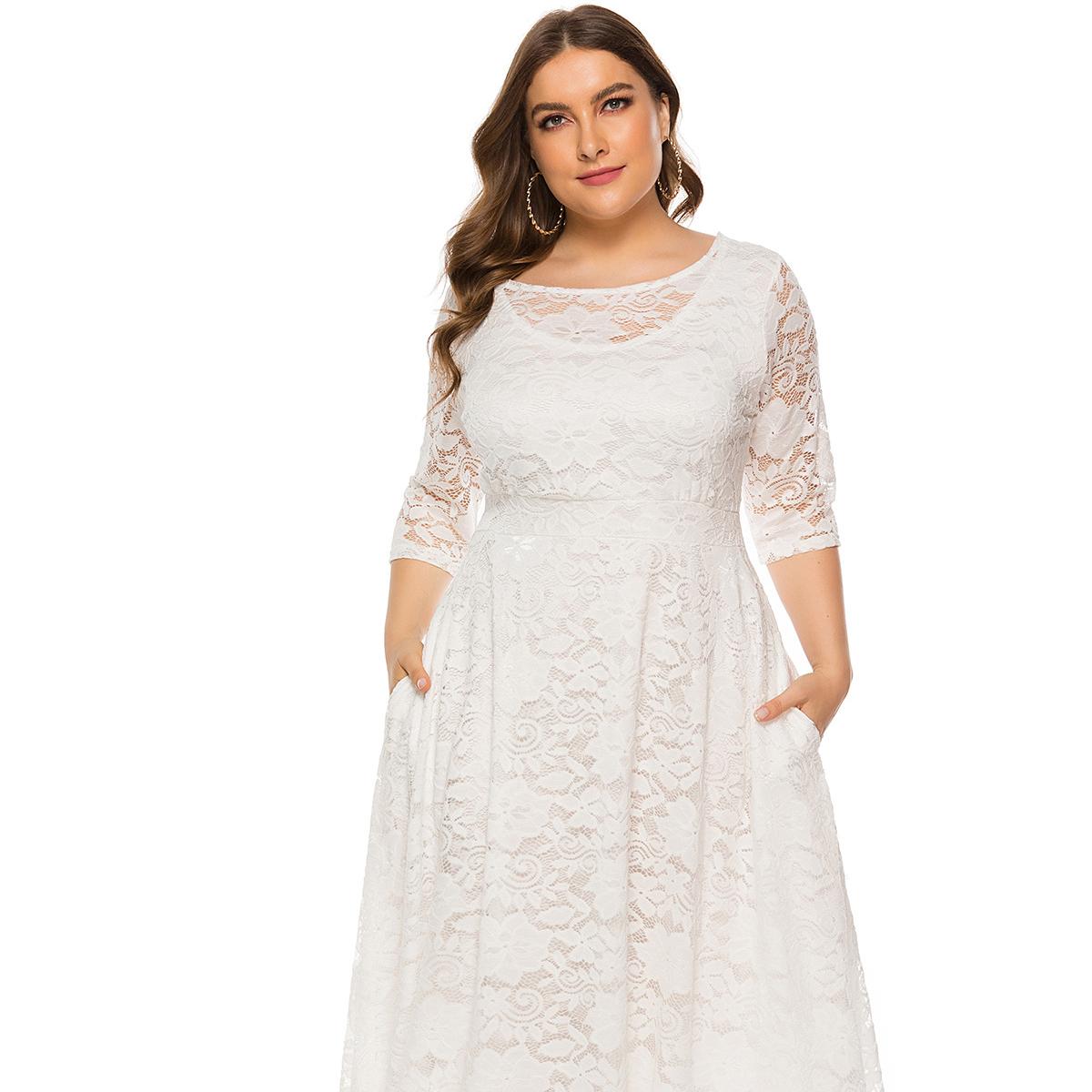 Plus Größe Xl-6xl Neue Mode Beliebte Abendkleid Mittlerer Länge Hohle Spitze Frauen Kleider Rot Weiß Schwarz Blau Grün Kleidung 6XL weiß
