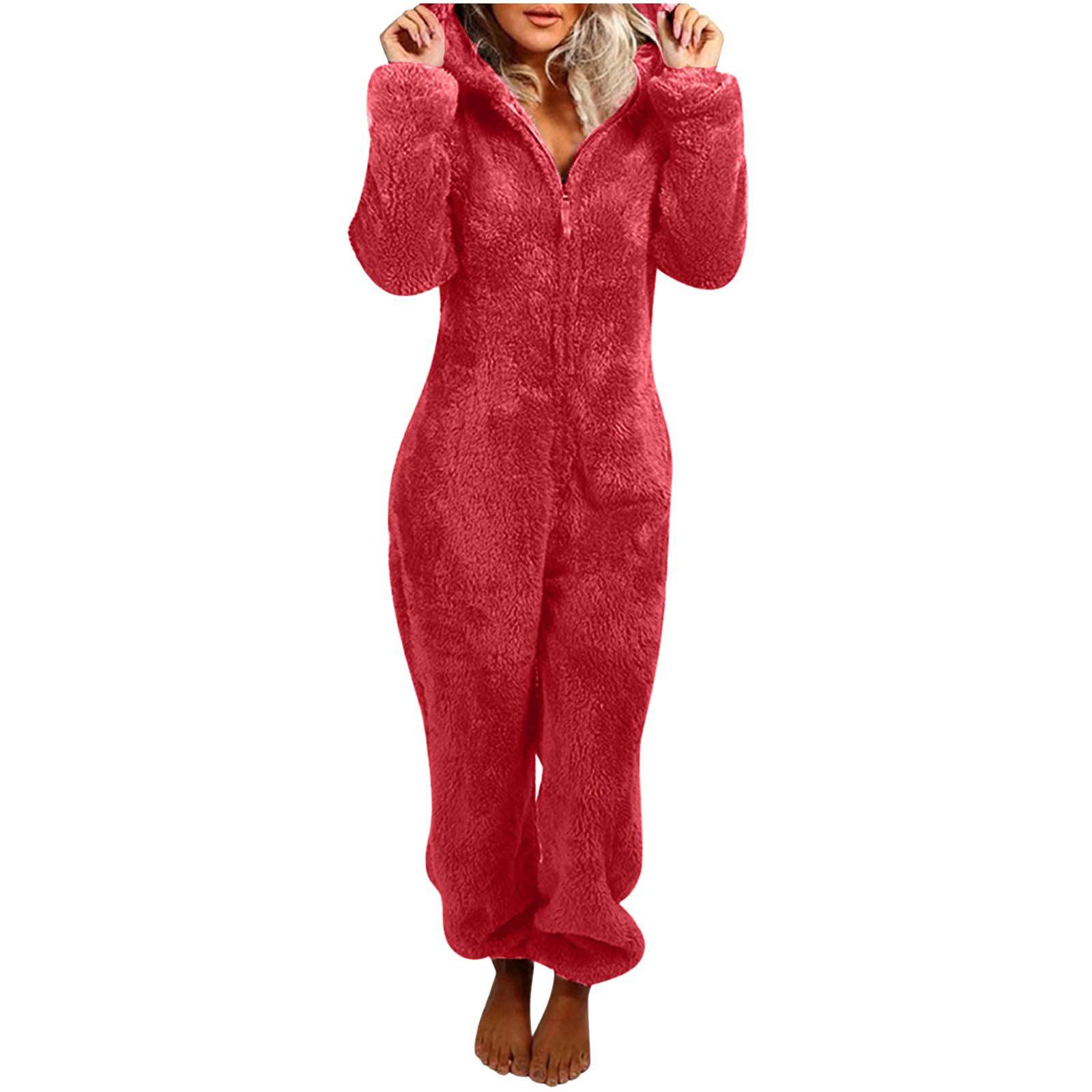 Modischer Onesies-Schlafanzug aus Fleece, Nachtwäsche, Overall, Übergröße, Kapuzen-Set, Schlafanzug für Damen und Erwachsene, für den Winter, warmer Pyjama für Damen XXXL rot
