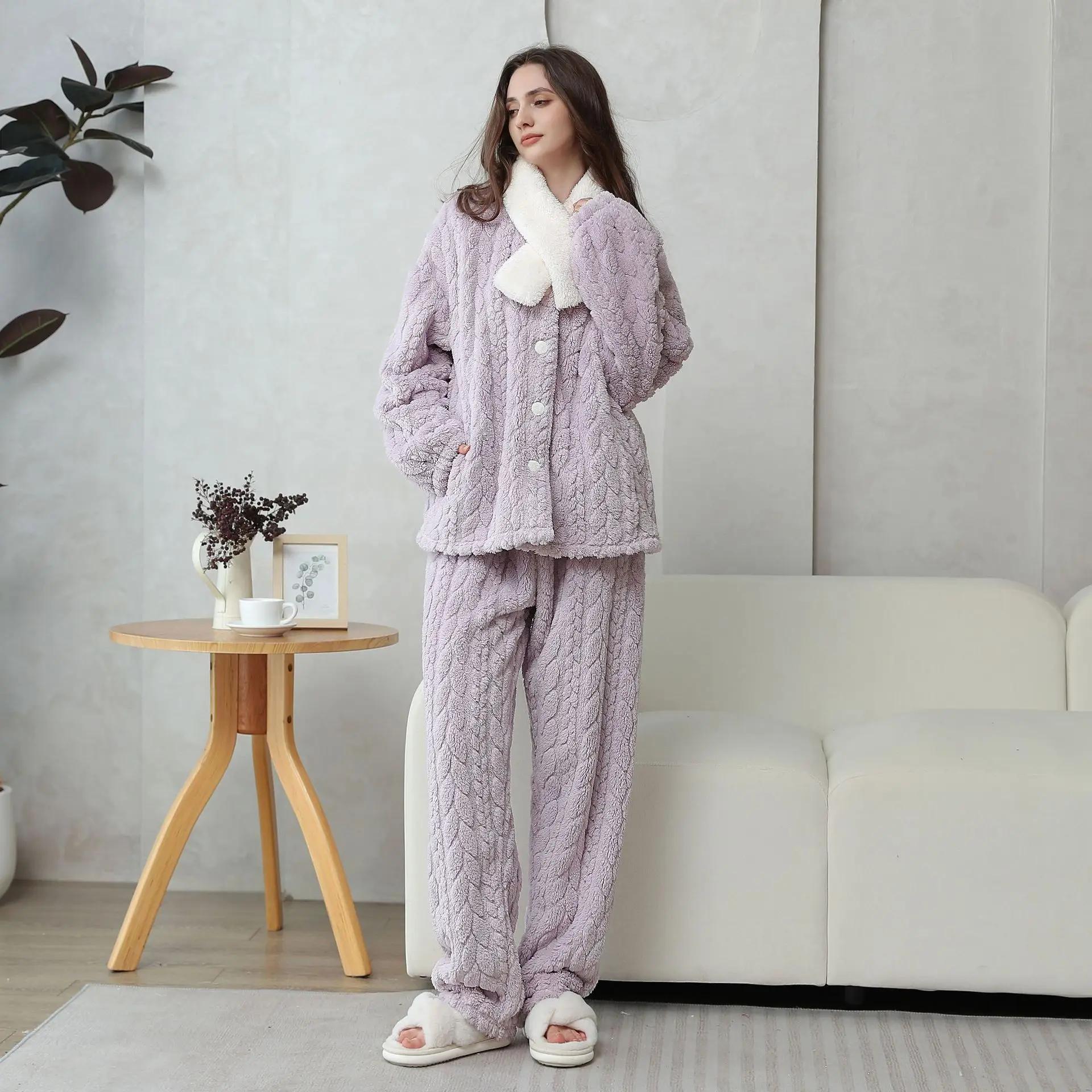 Damen-Pyjama aus weichem Korallenfleece, langes Oberteil und Hose, 2-teiliger Pyjama, rosa Jacquard-Pyjama-Set, verdickte Lounge-Kleidung, Lounge-Kleidung XL violett