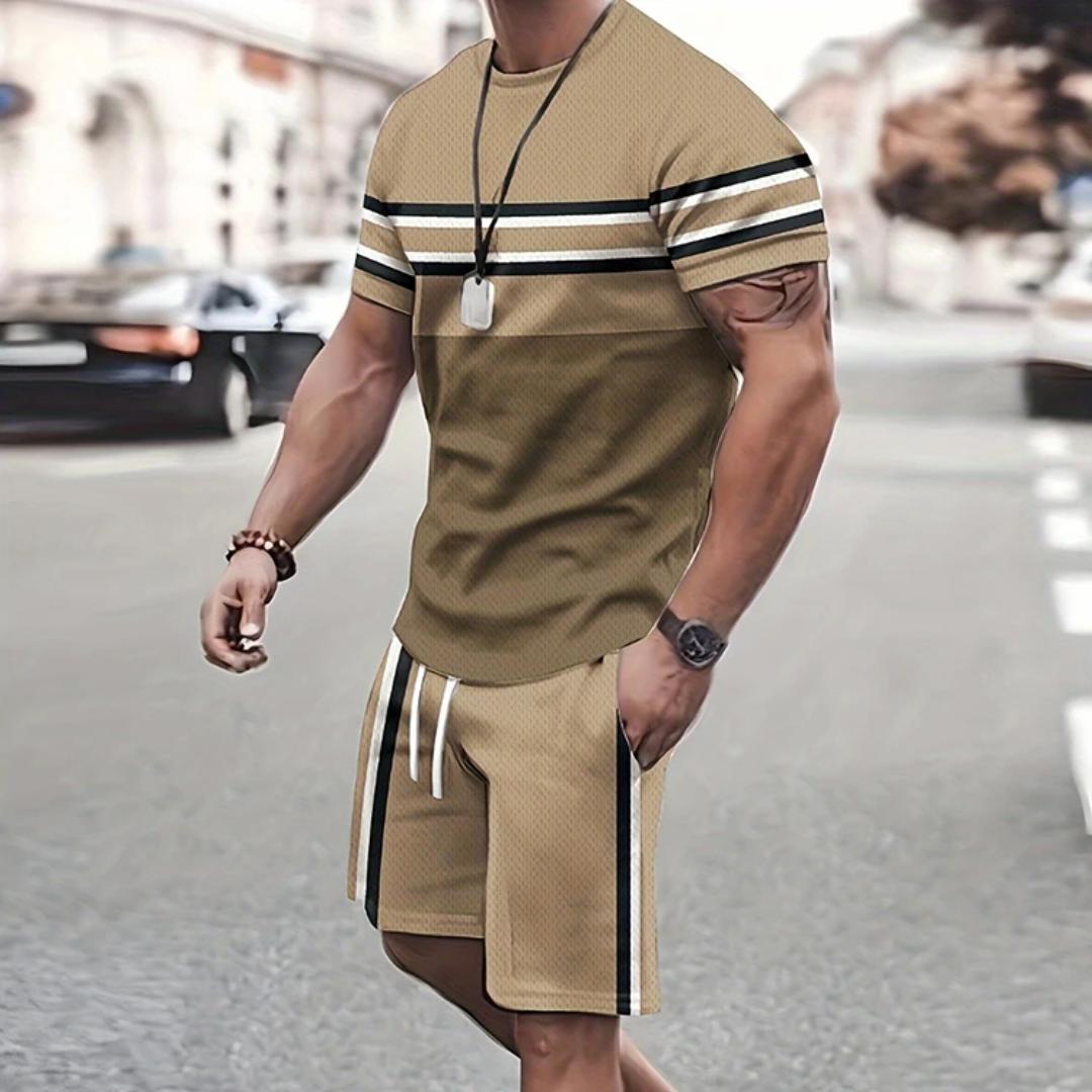 Trendiges Farbblock-T-Shirt und Shorts mit Kordelzug, Set für Herren im Sommer, lässig, sportlich, kurzärmelig, Shorts-Set, Herren, Sommer, Freizeitanzug 2XL