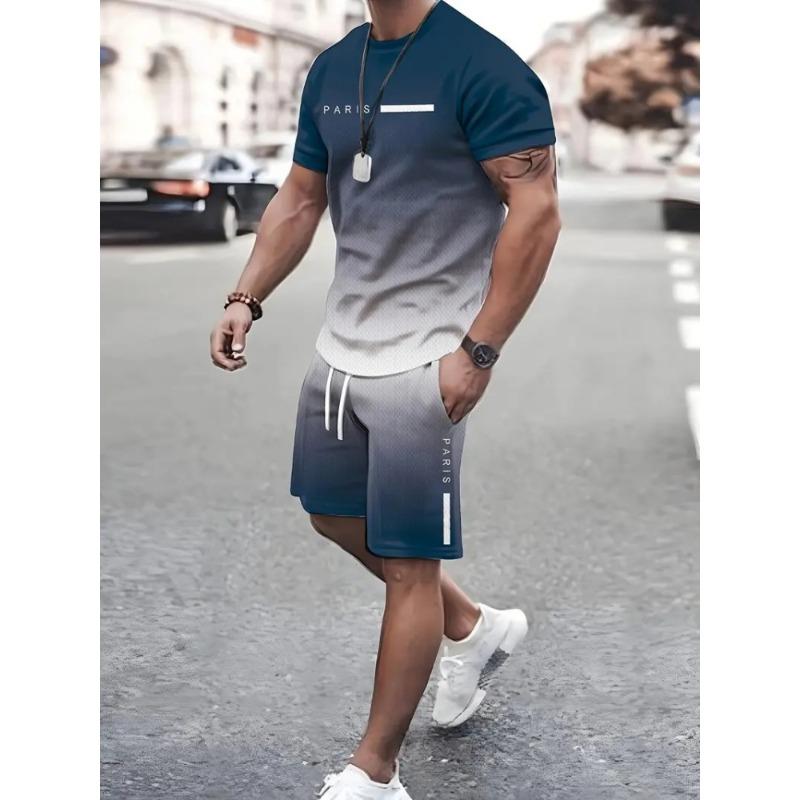 Einfacher Marmor-3D-Druck, lässiges Sommer-Oberteil und Shorts mit Rundhalsausschnitt für Herren, urbane Street-Fashion, Herrenanzug, alltäglicher, lässiger Komfort L gray