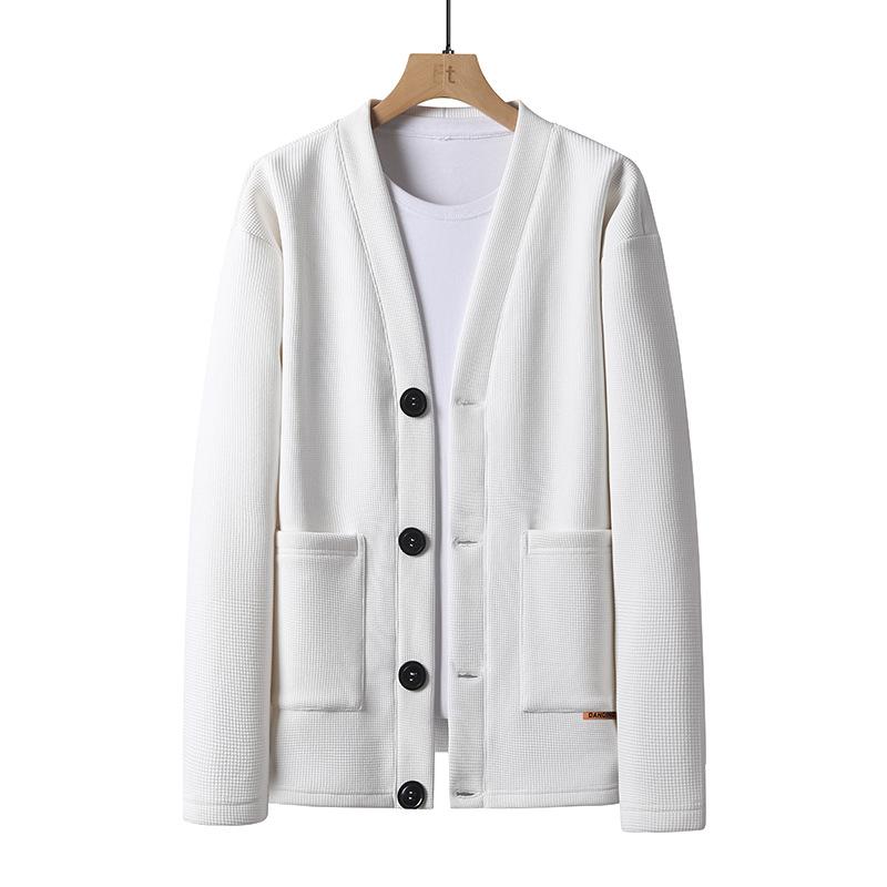 Herbst Winter V-Ausschnitt Locker Lässig Jacke Einfarbiger Mantel Herren Cardigan Tasche Oberbekleidung Herren Cardigan Oberteil Herren M weiß