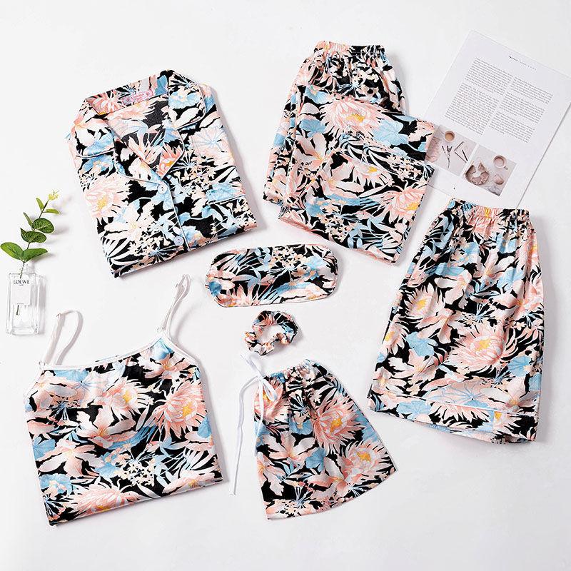 7-teiliges Damen-Pyjama-Set, Nachthemd + Top + lange kurze Hose, gestreiftes sexy Damen-Pyjama XXL blau