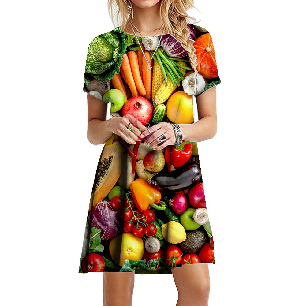 Obst und Gemüse 3D-gedruckte Kleider für Sommermode Damenkleidung Übergroßes kurzärmliges, lockeres, lässiges Minikleid 5XL