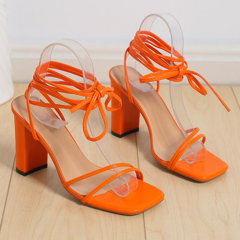 Mode Damen Schuhe Mode Sexy Party Sommer Damen PU Offene Zehen Quadratischer Kopf Dicker Absatz Kreuzbindung Hochzeitssandalen Groß Zapatos De Mujer 39 orange