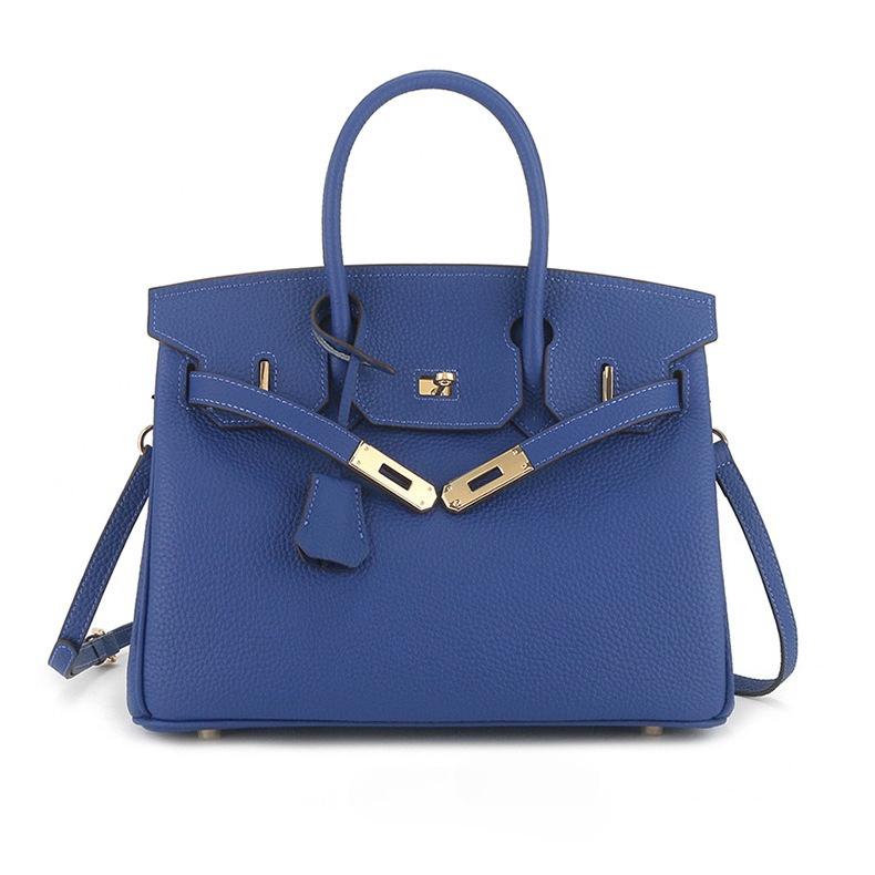Erste Schicht togo Rindsleder große Kapazität Leder Litschi-Muster Damenmode Schloss Handtasche 25x13x19cm elektrische blaue