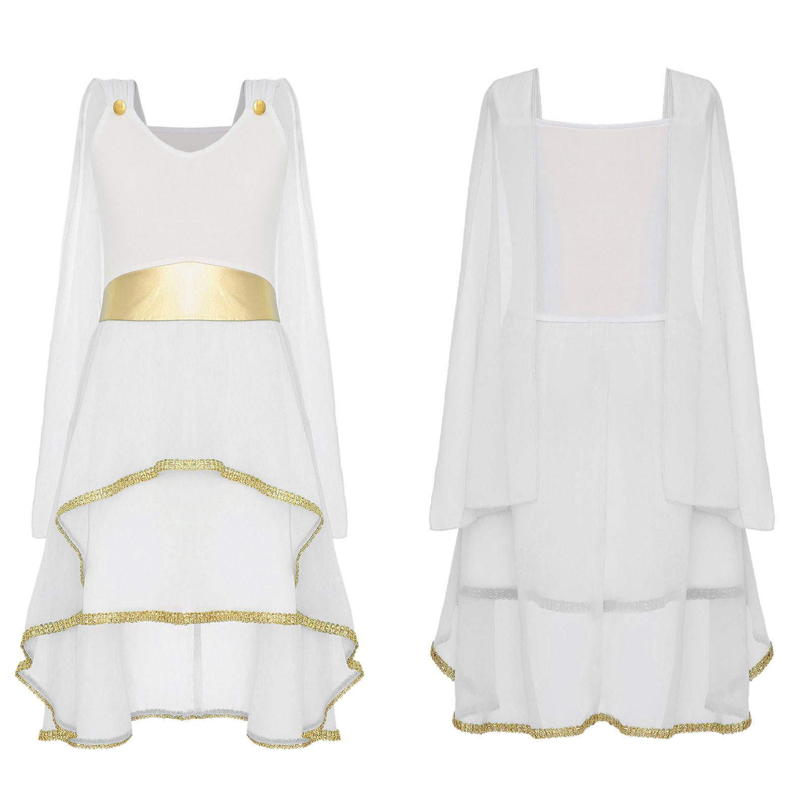 Mädchen Griechische Toga Kostüm Ärmelloses Asymmetrisches Fließendes Kleid Antike Römische Göttin Halloween Cosplay Gewand 15-16 Years weiß